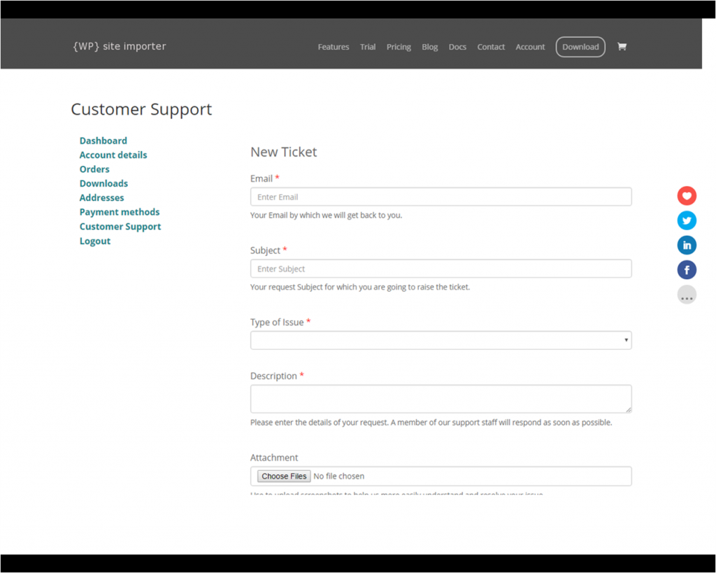 Raising a Support Ticket within the WooCommerce Account Management Area