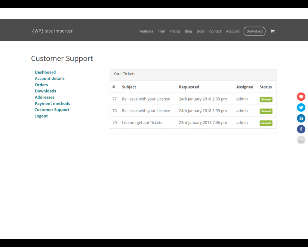 Reviewing Support Tickets within the WooCommerce Account Management Panel